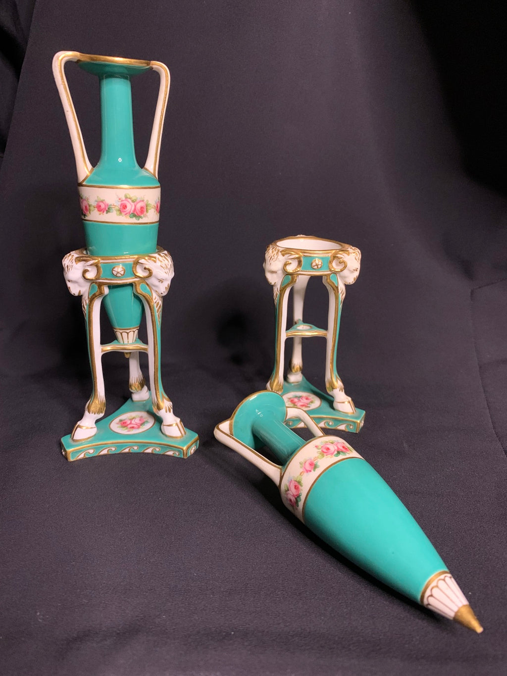 Pair of Antique Porcelain Vase Stands with Amphora Vases — Turquoise & Gilt