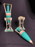 Pair of Antique Porcelain Vase Stands with Amphora Vases — Turquoise & Gilt