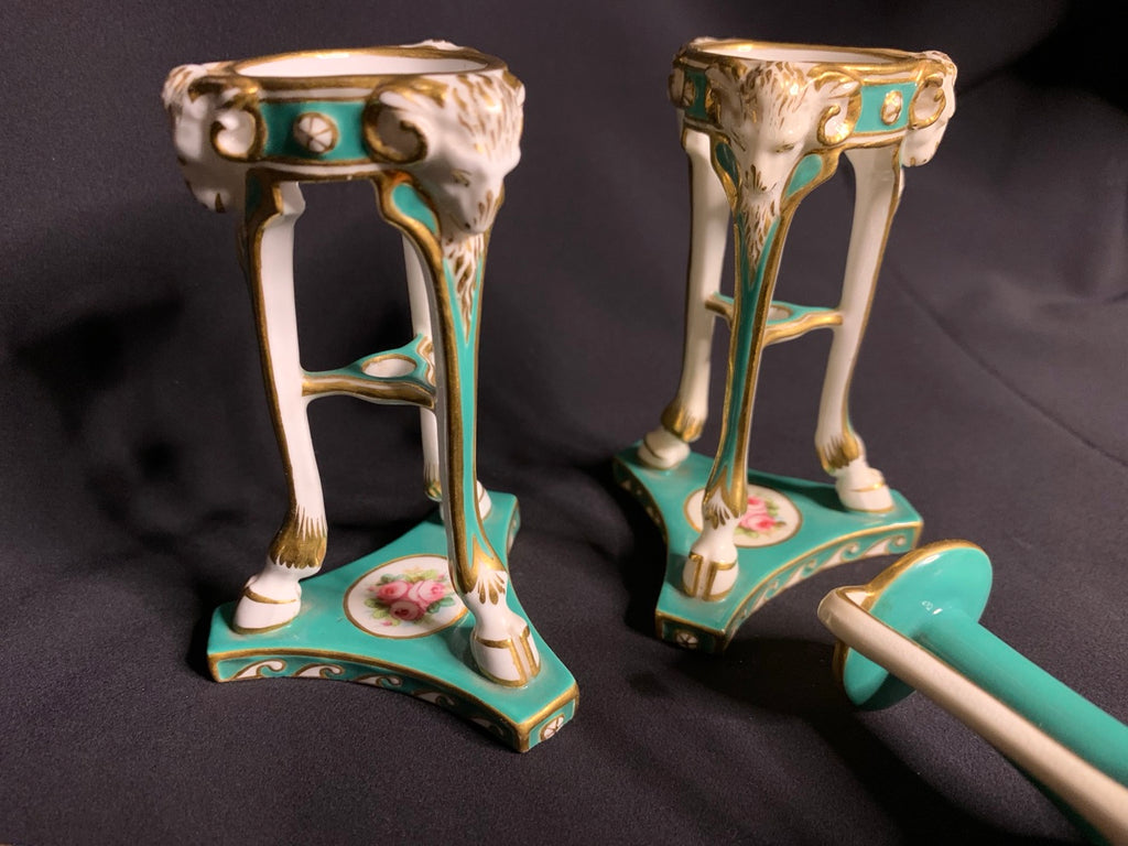 Pair of Antique Porcelain Vase Stands with Amphora Vases — Turquoise & Gilt