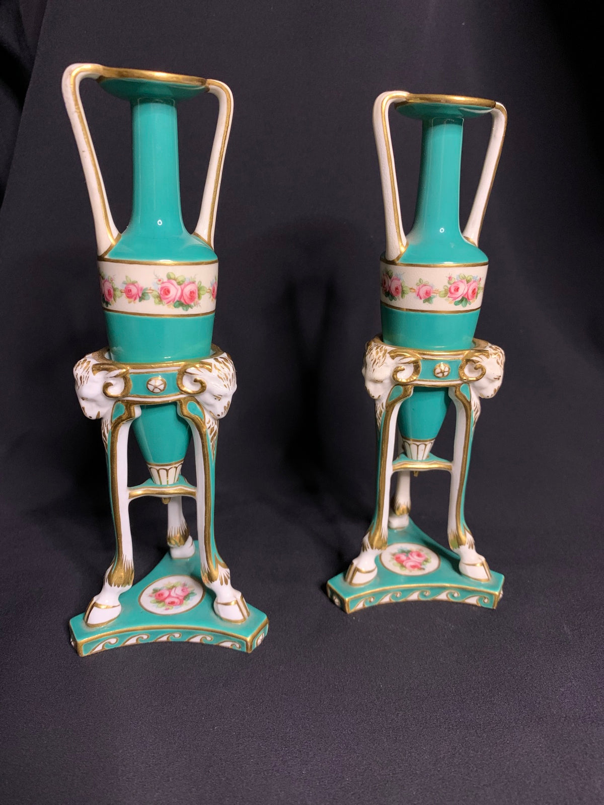 Pair of Antique Porcelain Vase Stands with Amphora Vases — Turquoise & Gilt