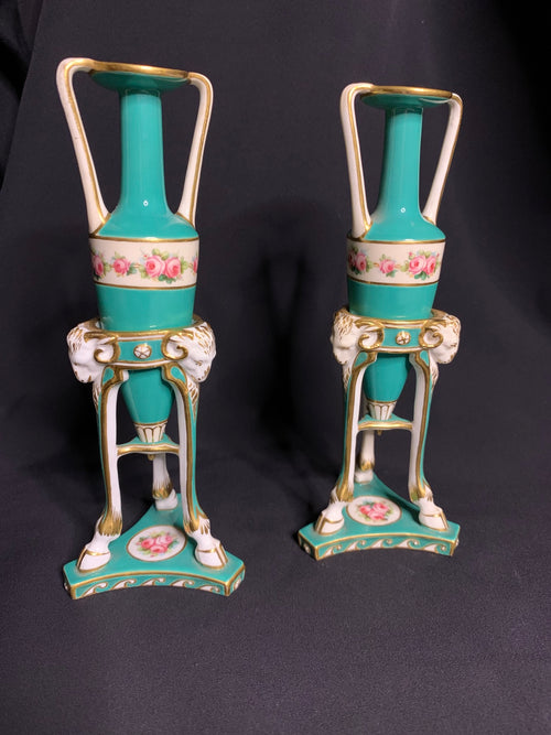 Pair of Antique Porcelain Vase Stands with Amphora Vases — Turquoise & Gilt