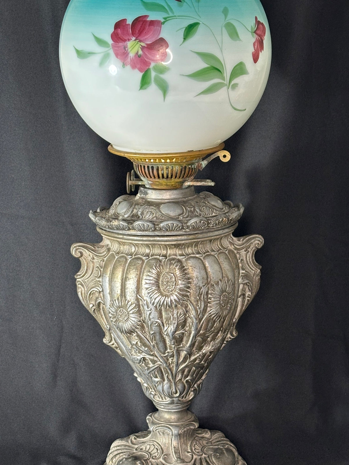 Antique Victorian Oil Lamp with Hand-Painted Globe Shade