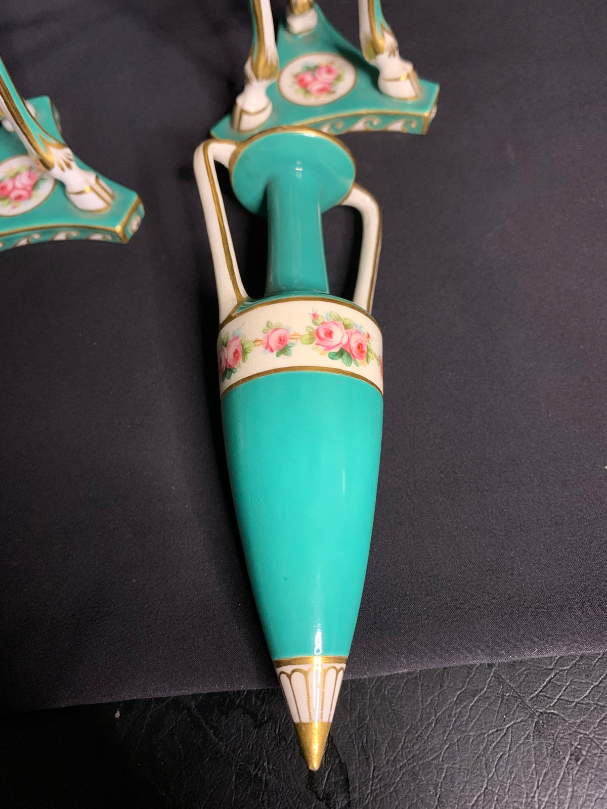 Pair of Antique Porcelain Vase Stands with Amphora Vases — Turquoise & Gilt