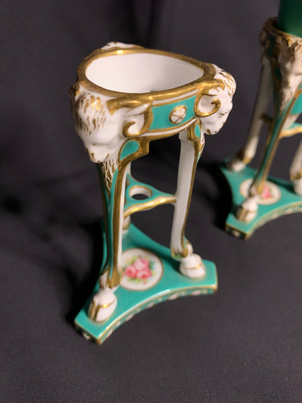 Pair of Antique Porcelain Vase Stands with Amphora Vases — Turquoise & Gilt