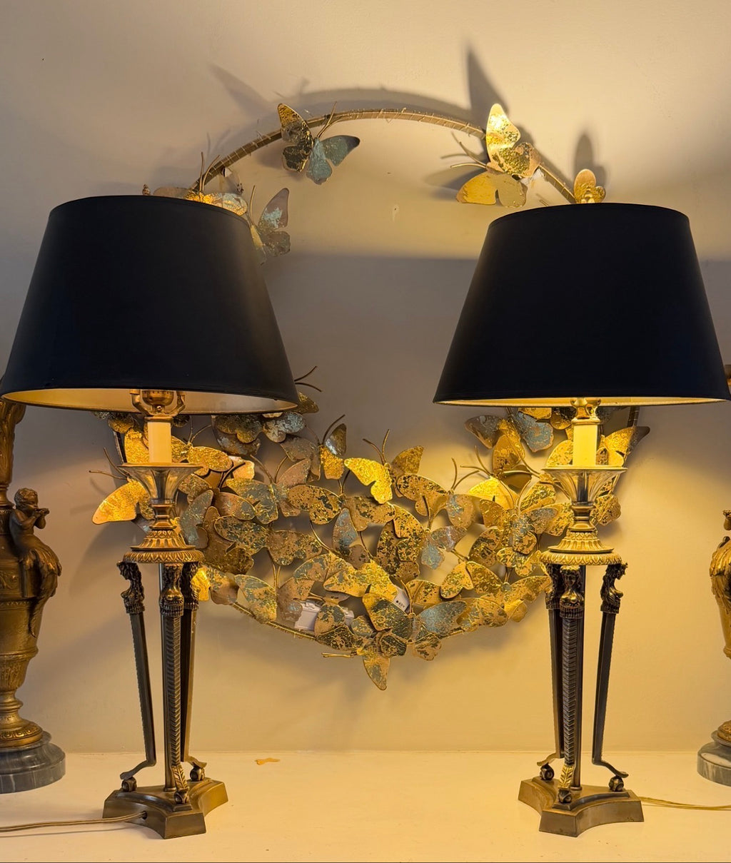 Pair of Figural Brass Table Lamps with Caryatid Bases — Like New