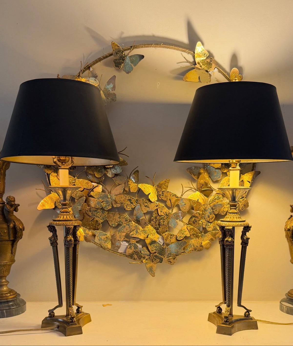 Pair of Figural Brass Table Lamps with Caryatid Bases — Like New