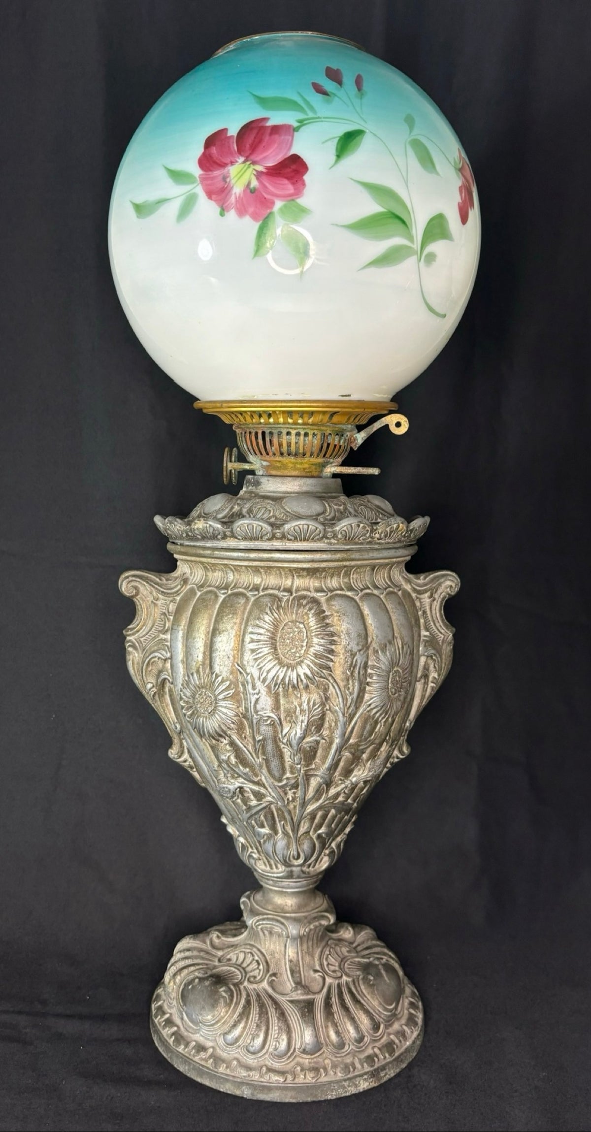Antique Victorian Oil Lamp with Hand-Painted Globe Shade