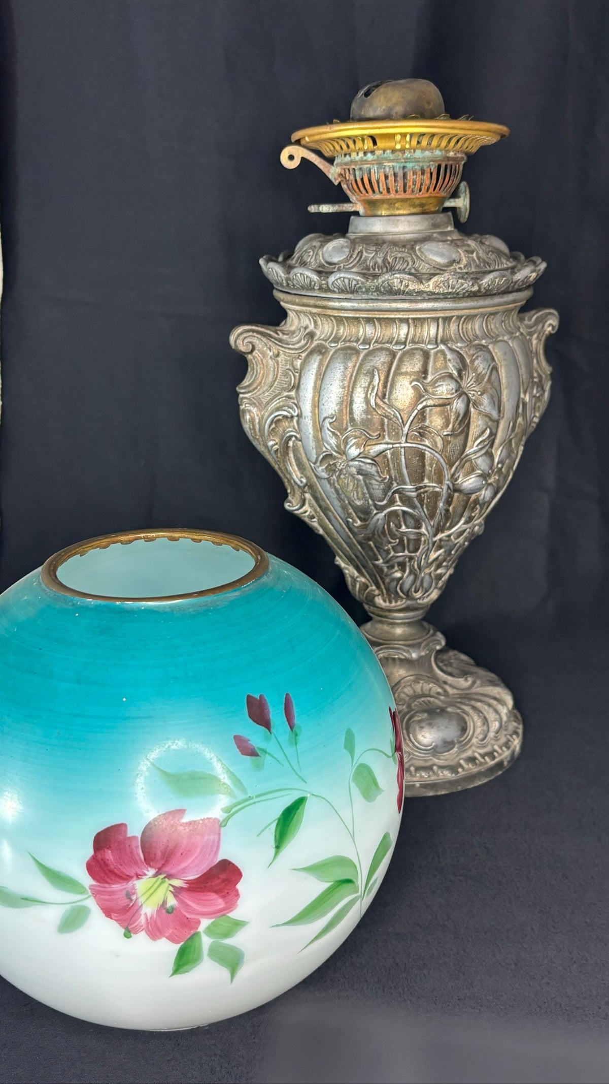 Antique Victorian Oil Lamp with Hand-Painted Globe Shade