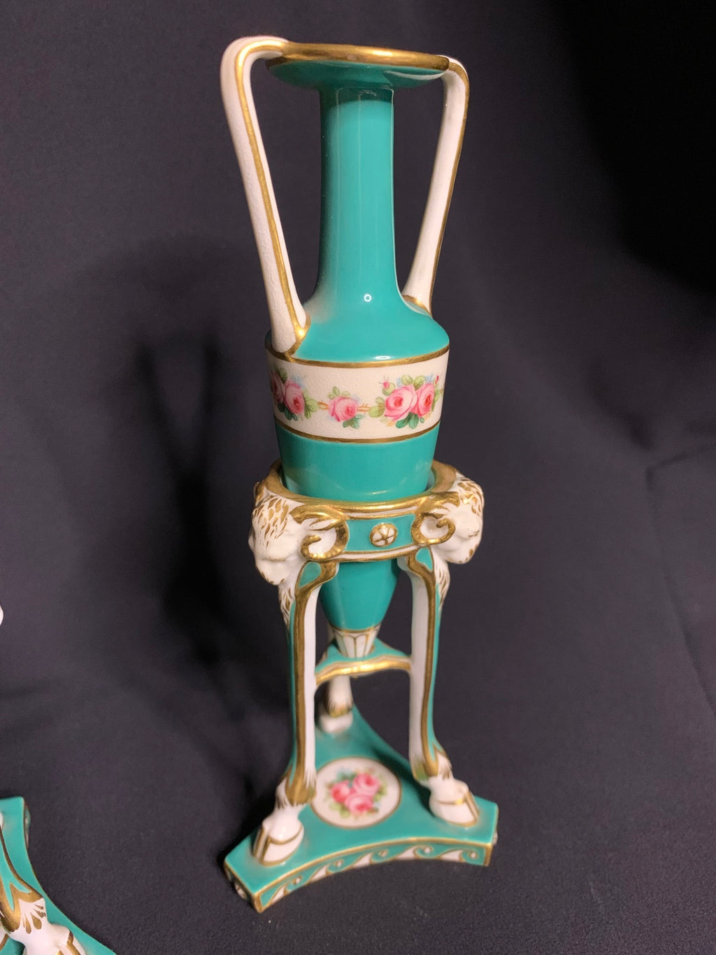 Pair of Antique Porcelain Vase Stands with Amphora Vases — Turquoise & Gilt