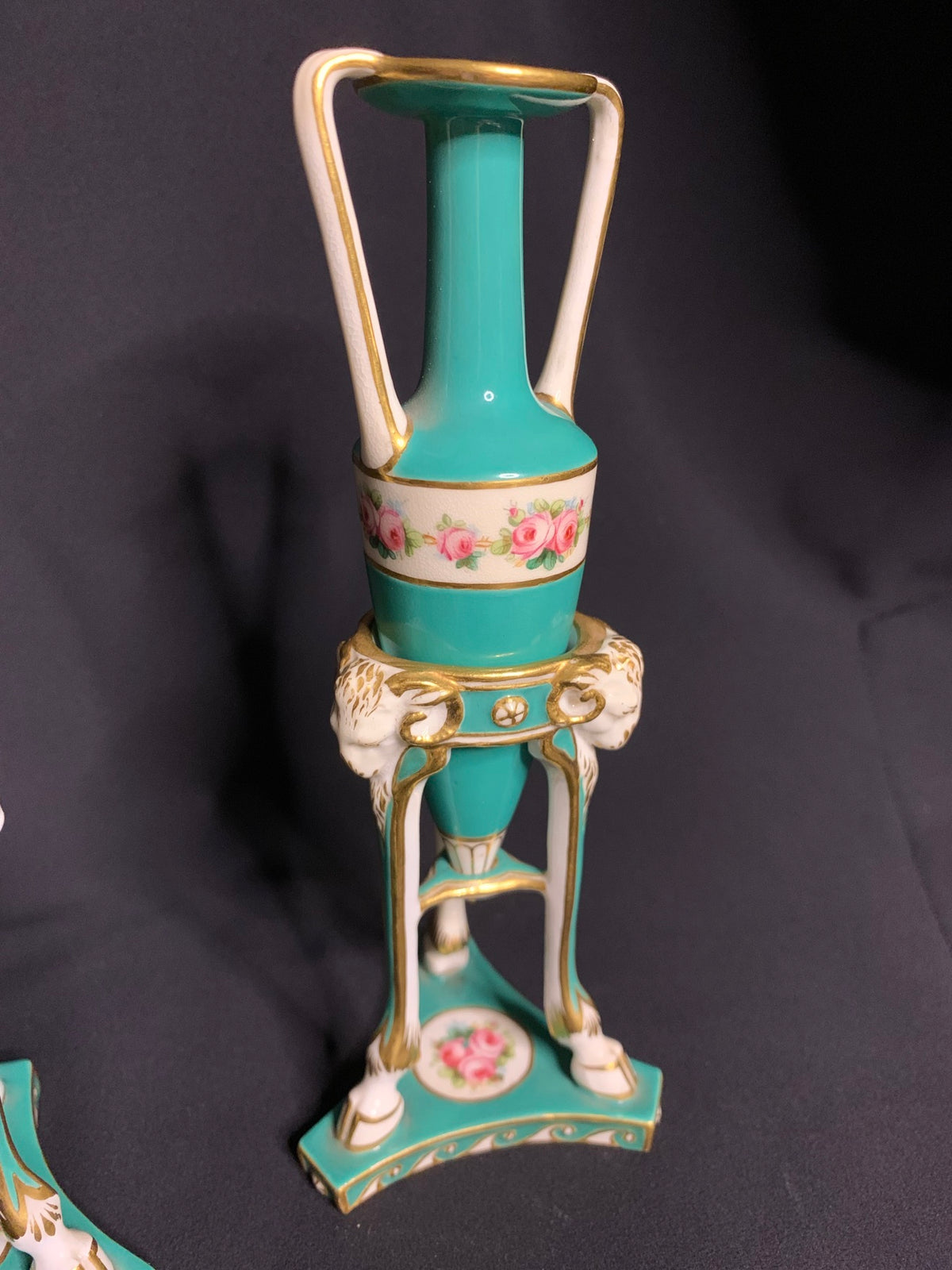 Pair of Antique Porcelain Vase Stands with Amphora Vases — Turquoise & Gilt